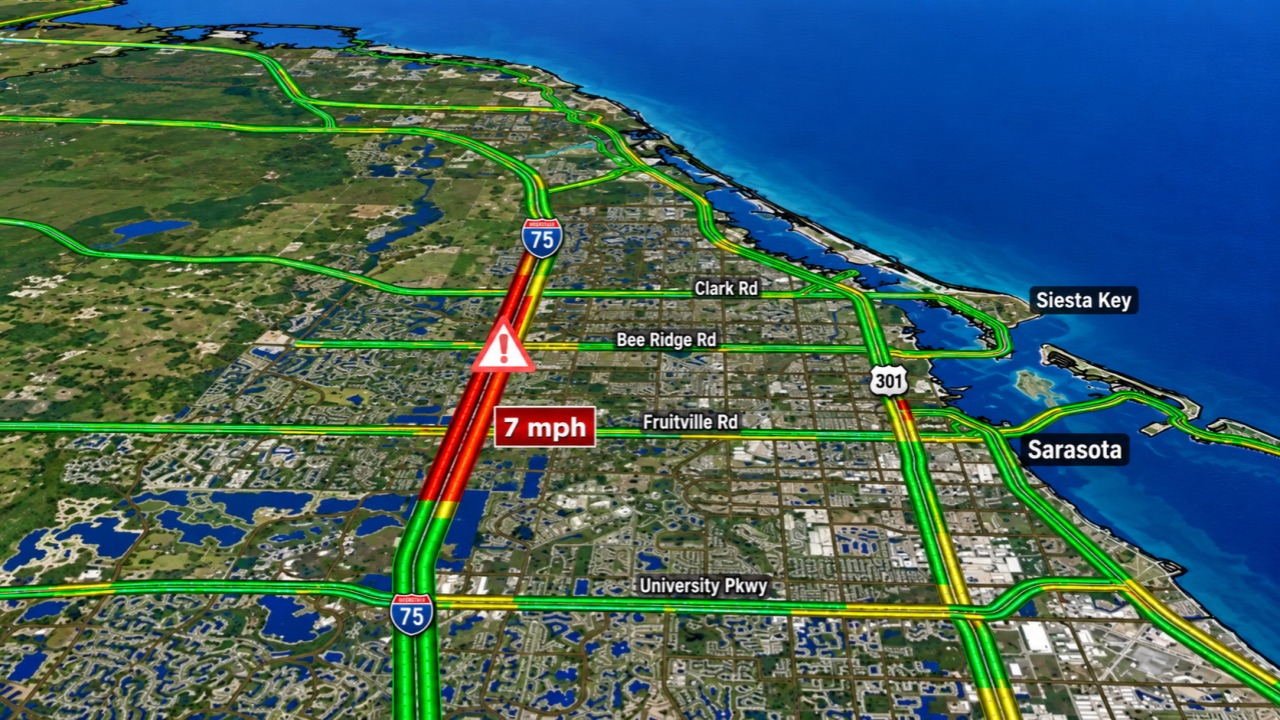 A traffic map of Sarasota, Interstate 75 marked red and crawling at 7 mph